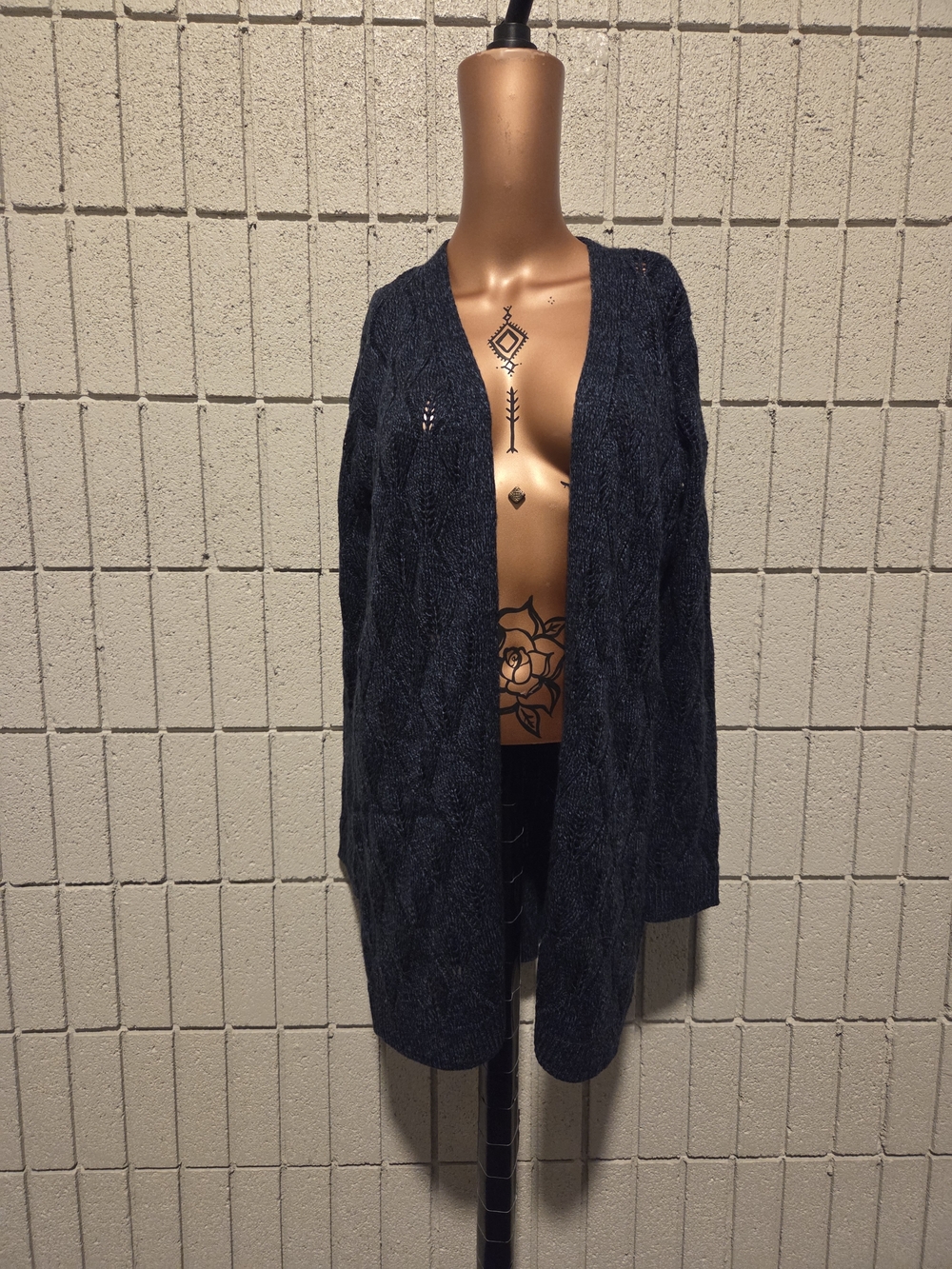 Open-Front Cable Knit Cardigan - Dark Navy
